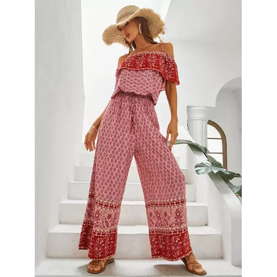 Women Wide Leg Floral Printed Bohemia Jumpsuit