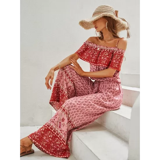 Women Wide Leg Floral Printed Bohemia Jumpsuit