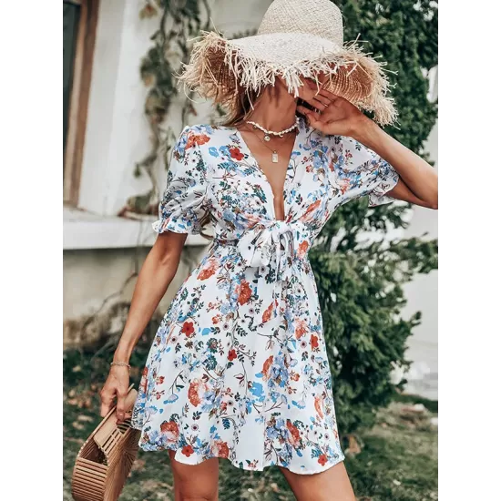 Vacation Puff Sleeves Floral Printed Bohemia Dress