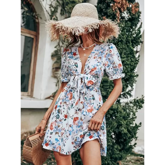 Vacation Puff Sleeves Floral Printed Bohemia Dress