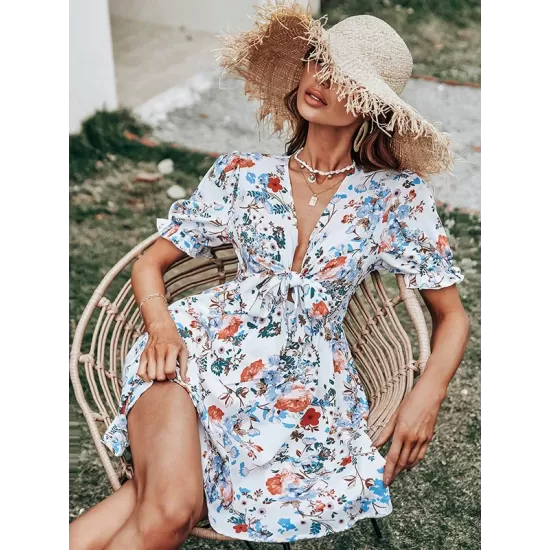 Vacation Puff Sleeves Floral Printed Bohemia Dress