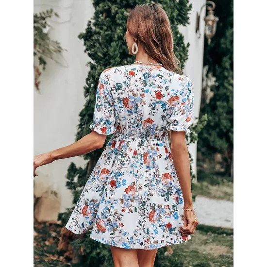 Vacation Puff Sleeves Floral Printed Bohemia Dress