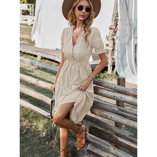 Vacation High Waisted Loose Striped Dress