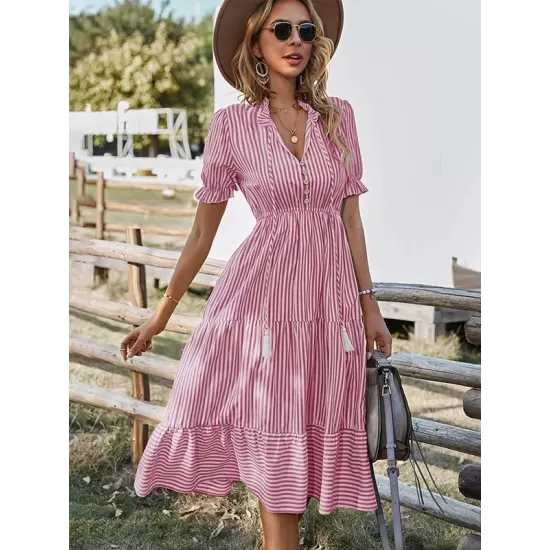 Vacation High Waisted Loose Striped Dress