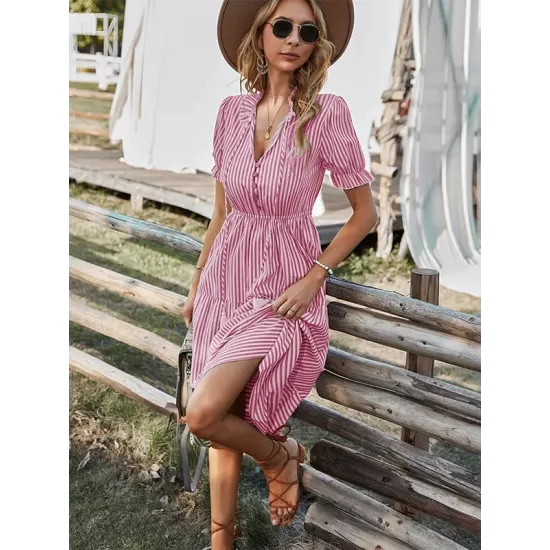 Vacation High Waisted Loose Striped Dress