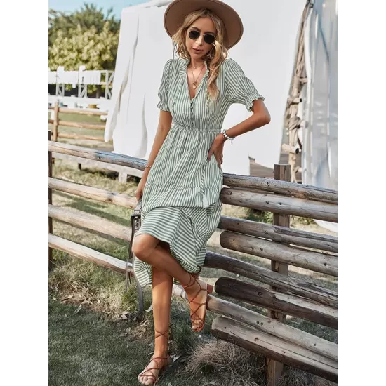 Vacation High Waisted Loose Striped Dress