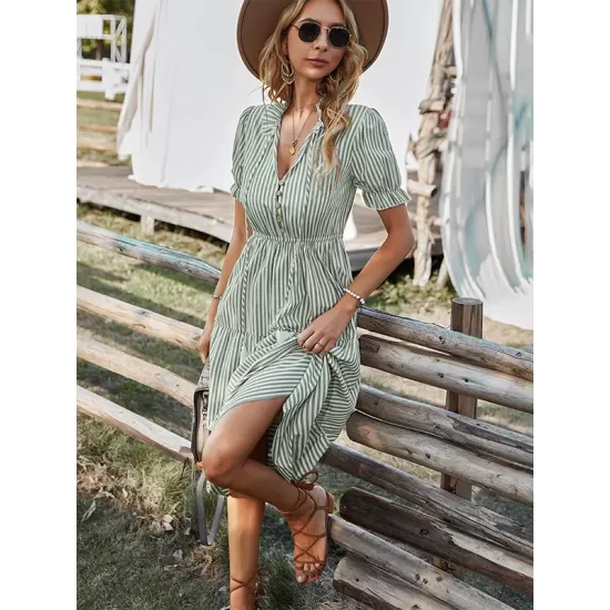 Vacation High Waisted Loose Striped Dress