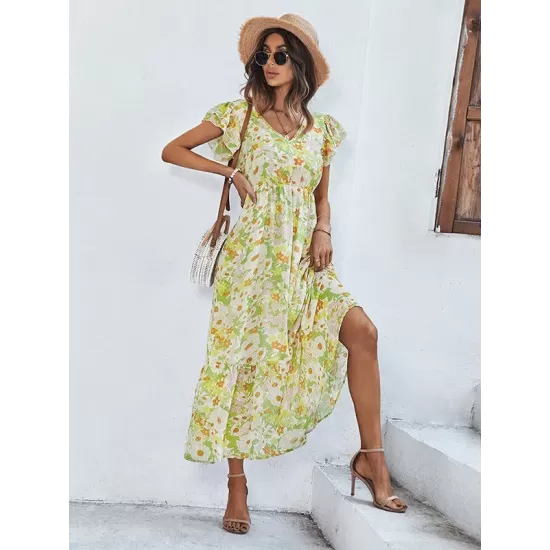 Bohemia High Waisted Floral Printed V-Neck Dress