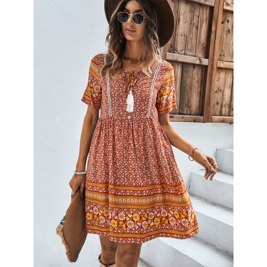 Casual A-Line Floral Printed Round-Neck Dress