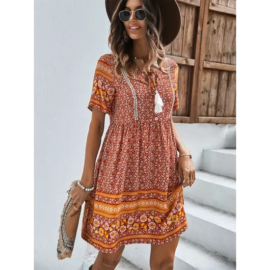 Casual A-Line Floral Printed Round-Neck Dress