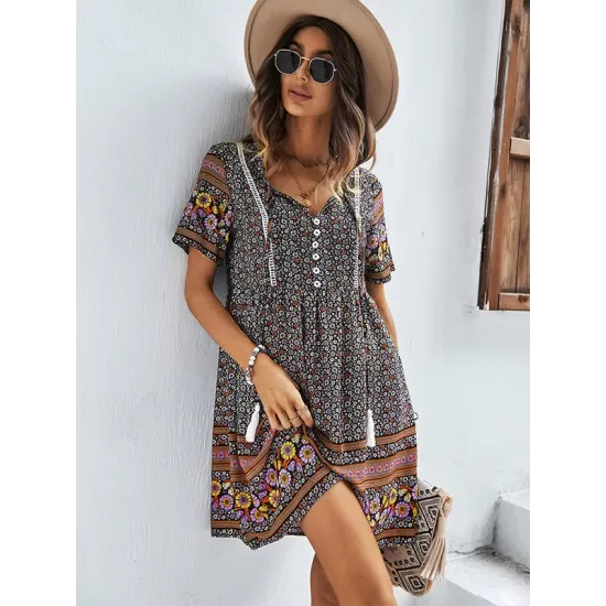 Casual A-Line Floral Printed Round-Neck Dress