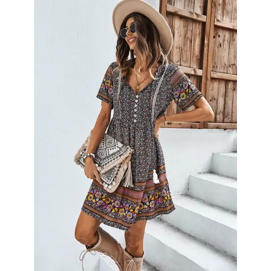 Casual A-Line Floral Printed Round-Neck Dress