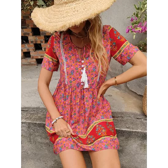 Casual A-Line Floral Printed Round-Neck Dress