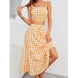 Vacation Sleeveless Plaid U-Neck Two Pieces Set