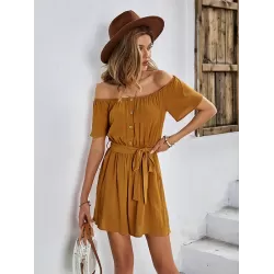 Casual Buckle Loose Solid Color One-Shoulder Jumpsuit