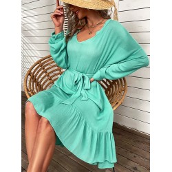 Vacation Loose Solid Color V-Neck Dress