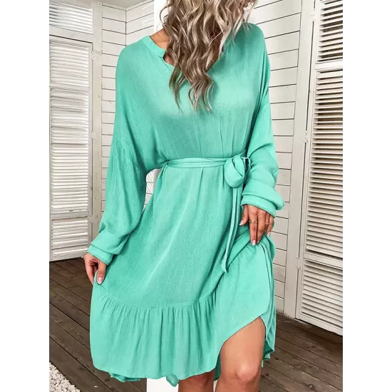 Vacation Loose Solid Color V-Neck Dress