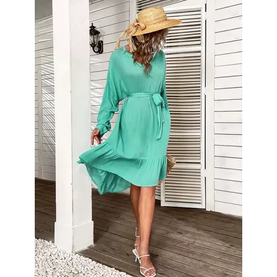 Vacation Loose Solid Color V-Neck Dress