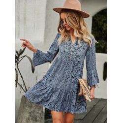 V-Neck Polka Dot Long Flare Sleeves Mini Dress