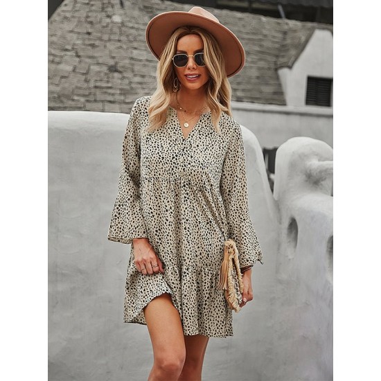 V-Neck Polka Dot Long Flare Sleeves Mini Dress