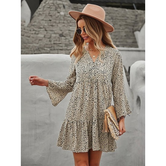 V-Neck Polka Dot Long Flare Sleeves Mini Dress