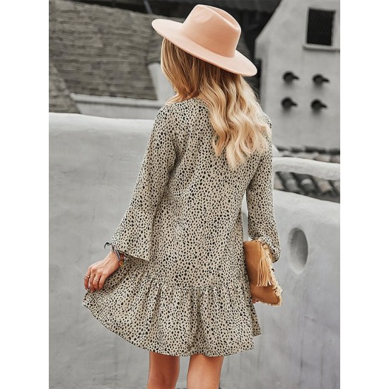 V-Neck Polka Dot Long Flare Sleeves Mini Dress