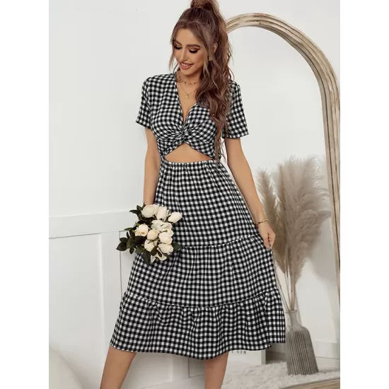 Vacation A-Line Plaid Hollow Midi Dresses