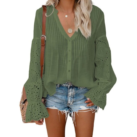 Button Lace Flare Blouse