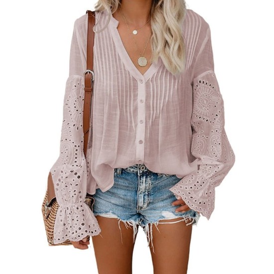 Button Lace Flare Blouse