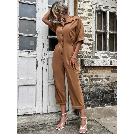 Casual Buckle Solid Color Polo Jumpsuit