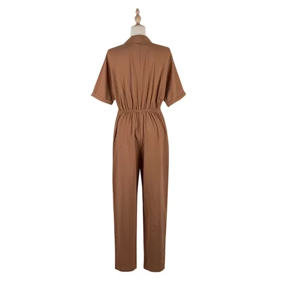 Casual Buckle Solid Color Polo Jumpsuit