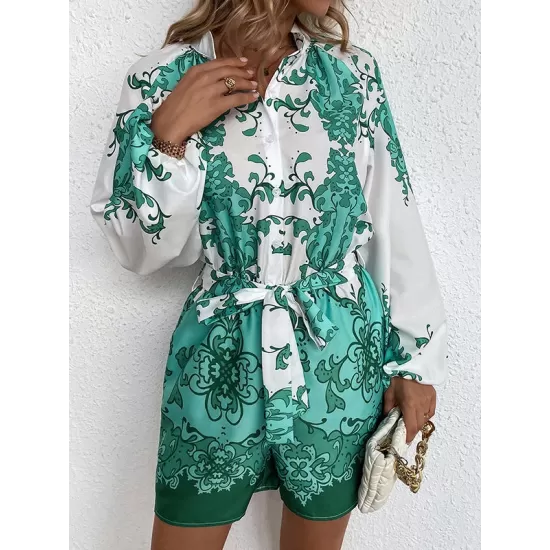 Vacation Puff Sleeves Loose Printed V-Neck Jumpsuit