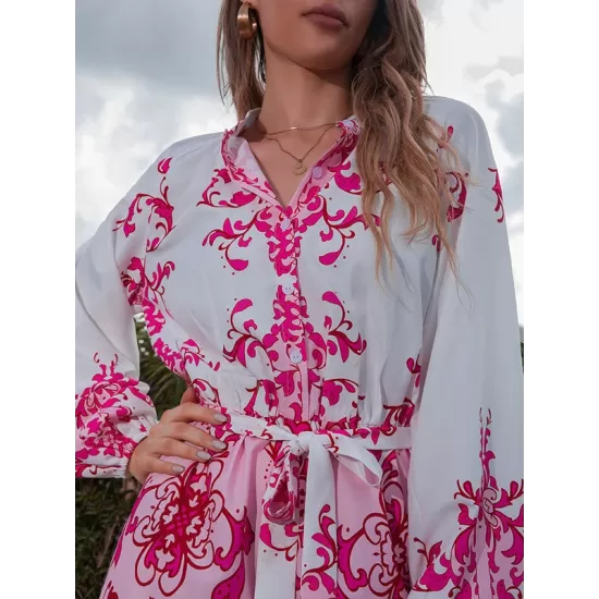 Vacation Puff Sleeves Loose Printed V-Neck Jumpsuit