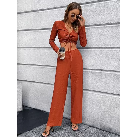 Casual High Waisted Solid Color V-Neck Two Pieces Set