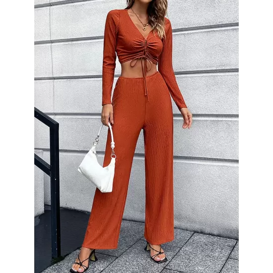 Casual High Waisted Solid Color V-Neck Two Pieces Set