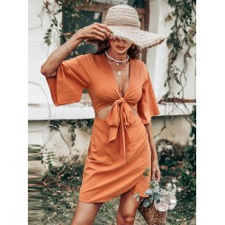 Casual Half Sleeves Solid Color V-Neck Dress