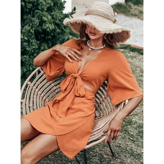 Casual Half Sleeves Solid Color V-Neck Dress