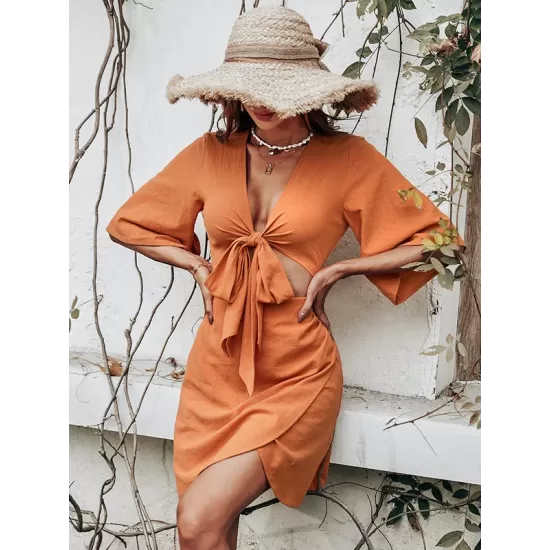 Casual Half Sleeves Solid Color V-Neck Dress