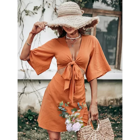 Casual Half Sleeves Solid Color V-Neck Dress