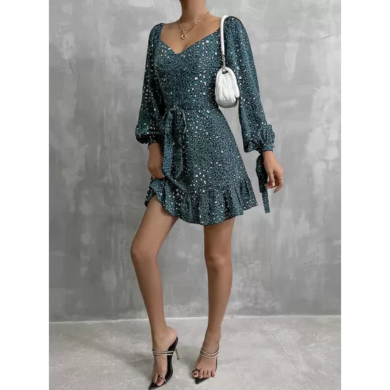 Bohemia Puff Sleeves Leopard V-Neck Dress