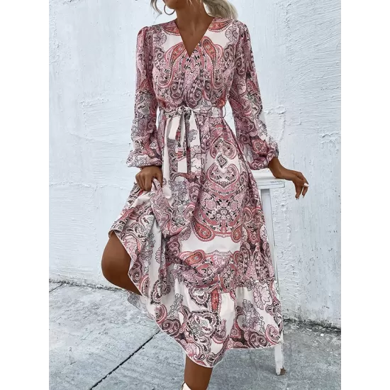 Bohemia Puff Sleeves Floral V-Neck Dress