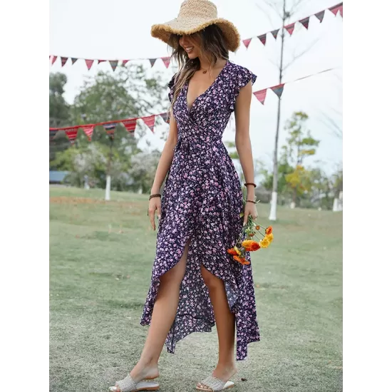 Vacation Irregularity Floral V-Neck Dress