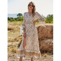 Vacation Flared Sleeves Buckle V-Neck Maxi Dress