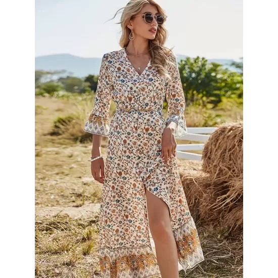 Vacation Flared Sleeves Buckle V-Neck Maxi Dress