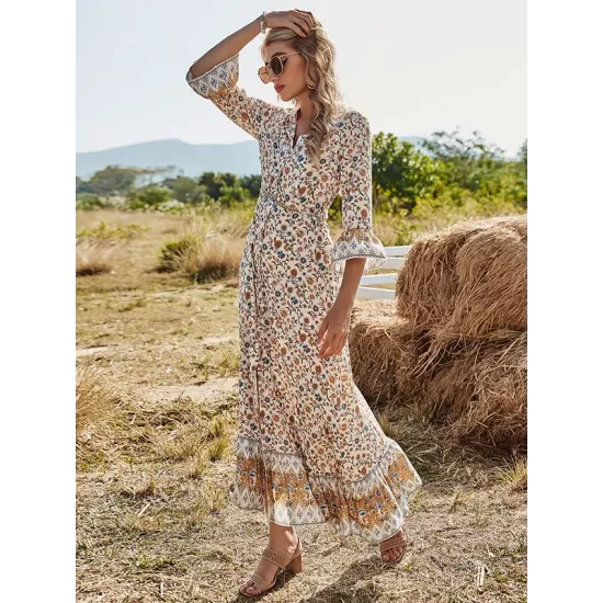 Vacation Flared Sleeves Buckle V-Neck Maxi Dress