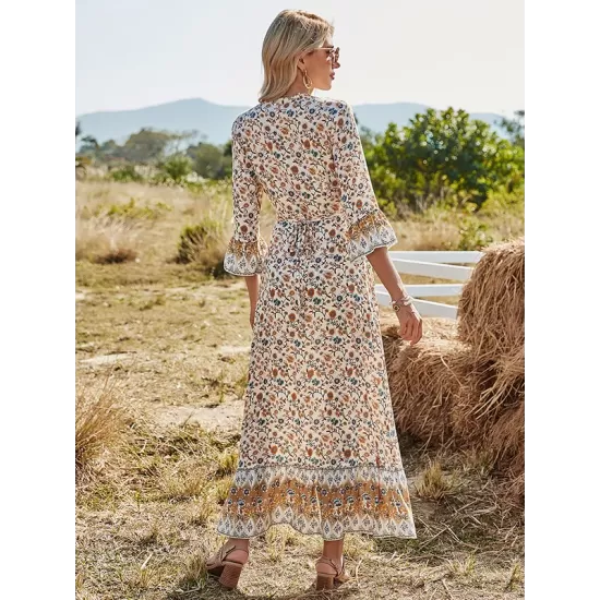 Vacation Flared Sleeves Buckle V-Neck Maxi Dress