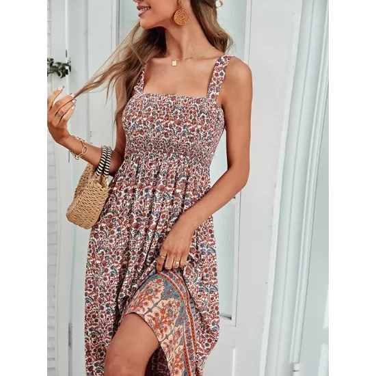 Vacation Sleeveless Floral U-Neck Dress