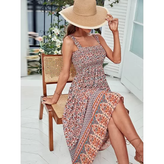 Vacation Sleeveless Floral U-Neck Dress