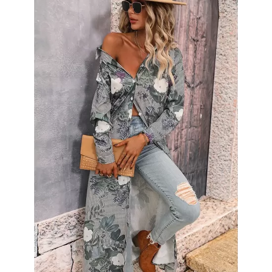 Casual Long Sleeves Floral Polo Dress