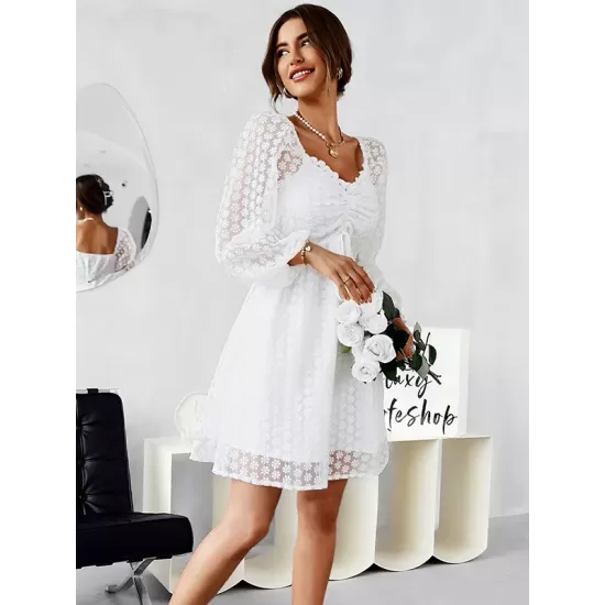 Vacation Puff Sleeves A-Line Solid V-Neck Dress